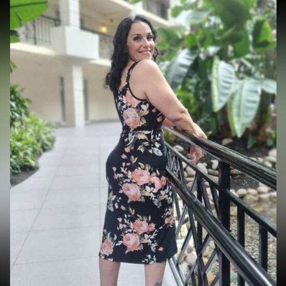 Black Floral Pencil Midi Dress Slim Sheath - Picture 9 of 15